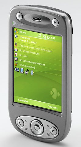 HTC P6300 PDA phone displaying the Windows Mobile interface.