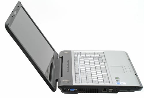 Toshiba Satellite P200-143 laptop with open lid on white background.