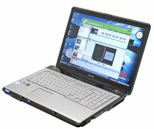 Toshiba Satellite P200-143 laptop open and powered on