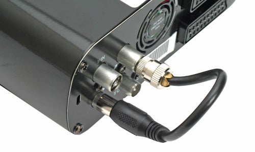 Close-up of Tvonics DVR-250 Freeview box's rear cable connections.