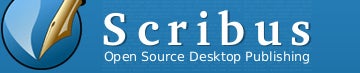 Scribus desktop publishing software logo with pen graphic.