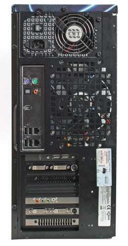 Rear view of Commodore XX Gaming PC with ports and stickers.