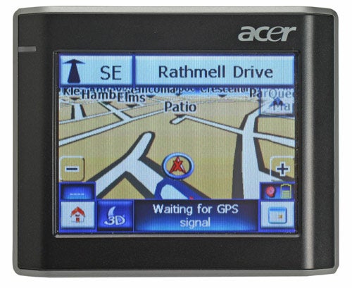 Acer V200 series portable navigator displaying a map and GPS status
