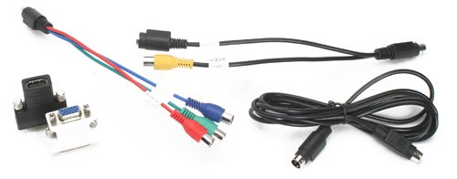 Assorted cables and adapters for electronic devices.