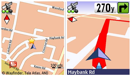 Screenshots of Wayfinder Navigator 7 GPS maps and directions.