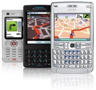 Sony Ericsson phones displaying Wayfinder Navigator maps.
