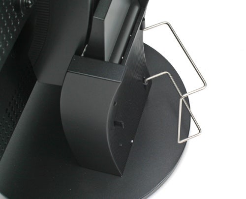Close-up of Eizo Monitor stand and cable holder.