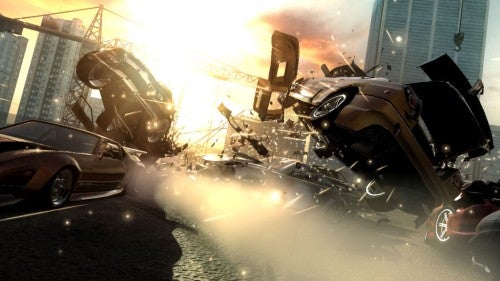 Explosive car crash scene from FlatOut: Ultimate Carnage game.