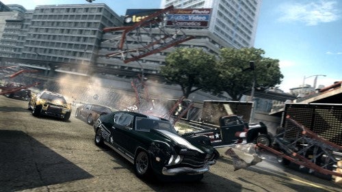Screenshot from FlatOut: Ultimate Carnage video game showing racing cars and destruction.