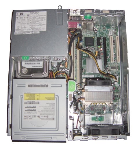 Internal components of HP dc7700 SFF computer.