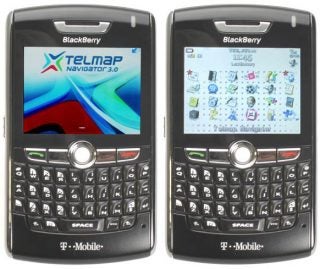 BlackBerry phones displaying Telmap Navigator 3 software screen and icons.