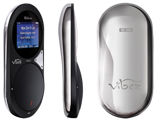 Three views of TrekStor vibez 12GB MP3 player.