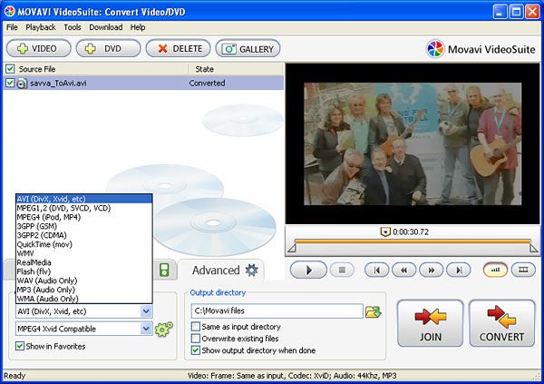 Screenshot of Movavi VideoSuite 4.5 conversion software interface.