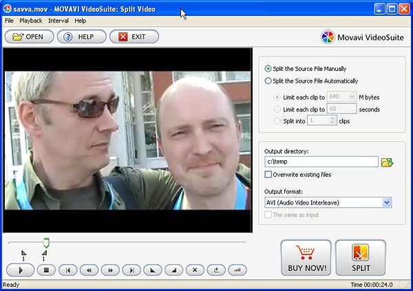 Screenshot of Movavi VideoSuite interface with video splitting options.