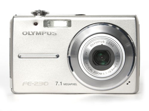 Olympus FE-230 digital camera front view showing lens and controls.