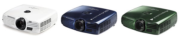 Three projectiondesign Action! M20 projectors in white, blue, and green