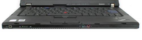 Lenovo ThinkPad T61 laptop with open lid front view.