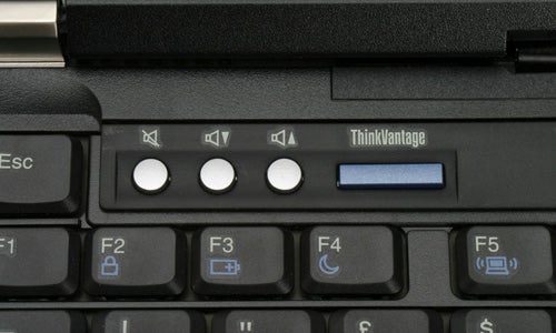 Close-up of Lenovo ThinkPad T61 keyboard and ThinkVantage buttons.