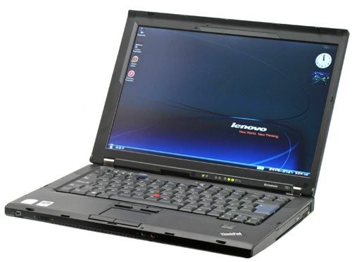 Lenovo ThinkPad T61 laptop with screen powered on.