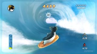 Penguin character surfing on a wave in Surf's Up game.