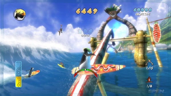 Screenshot of Surf's Up video game showing in-game surfing action.