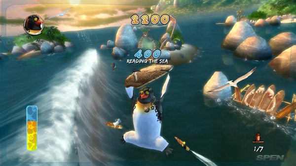 Screenshot of 'Surf's Up' video game featuring a surfing penguin.
