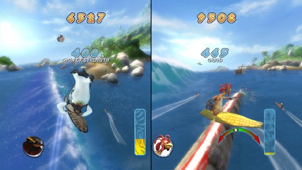 Screenshot of Surf's Up video game with two characters surfing.