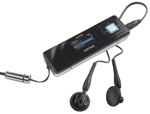 SanDisk Sansa Express 2GB MP3 player with earphones.