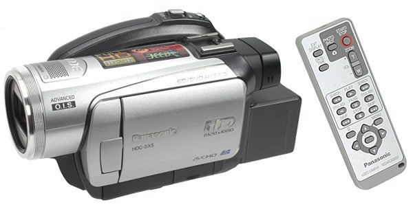 Panasonic HDC-SX5 camcorder with remote control.