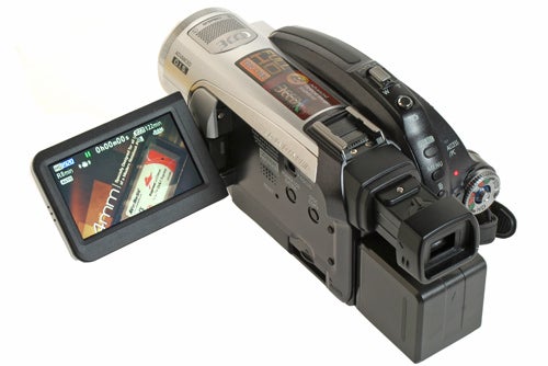 Panasonic HDC-SX5 camcorder with flip-out LCD screen.