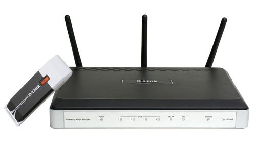 D-Link wireless modem router with three antennas and USB adapter.