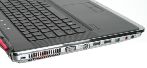 Sony VAIO VGN-CR11Z/R laptop showing ports and keyboard detail.