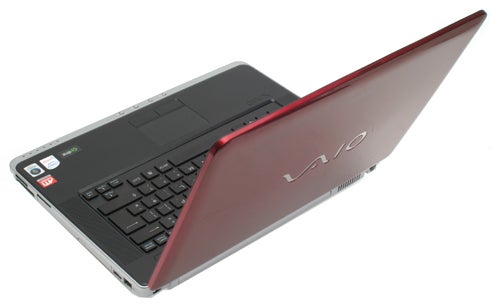Red Sony VAIO VGN-CR11Z/R laptop viewed from side angle.