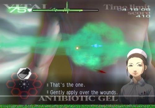 Screenshot of Trauma Center: Second Opinion gameplay with dialogue.