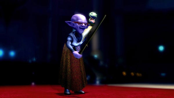 Animated character holding a staff with a creature on top.