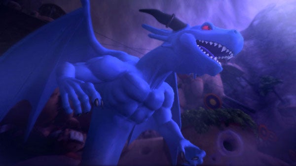 Animated blue dragon character in a fantasy setting.