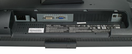 Back view of NEC MultiSync LCD2470WNX monitor showing ports and label.