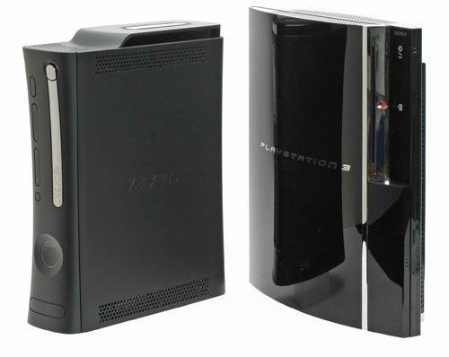Microsoft Xbox 360 Elite next to a PlayStation 3 console.