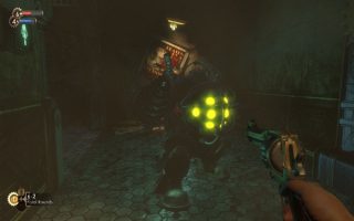 Screenshot of Bioshock gameplay featuring a Big Daddy.