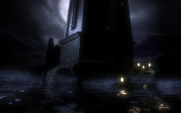Dark, eerie lighthouse entrance at night, Bioshock game scene.