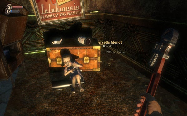 Bioshock gameplay showing a Little Sister and Plasmid advert.