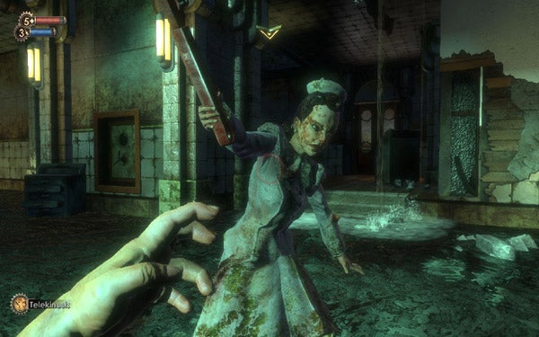First-person view from Bioshock game with Splicer enemy.