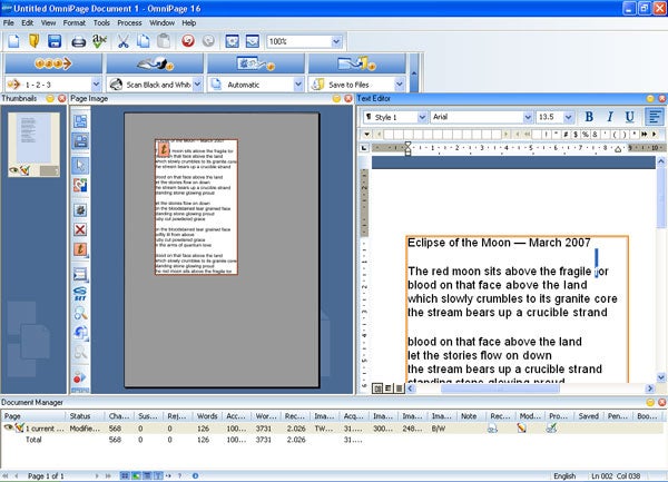 Screenshot of OmniPage Professional 16 OCR software interface.