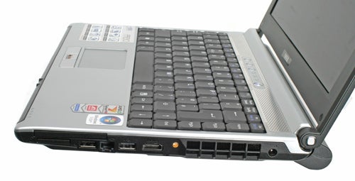 MSI PR210 Notebook open with visible keyboard and ports.