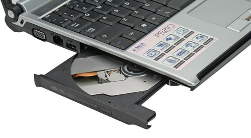 MSI PR210 Notebook with open optical disc drive.