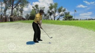 Golfer character playing in a sand bunker in Tiger Woods PGA Tour 08.