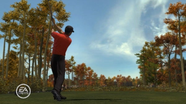 Screenshot of Tiger Woods character swinging in PGA Tour 08 game