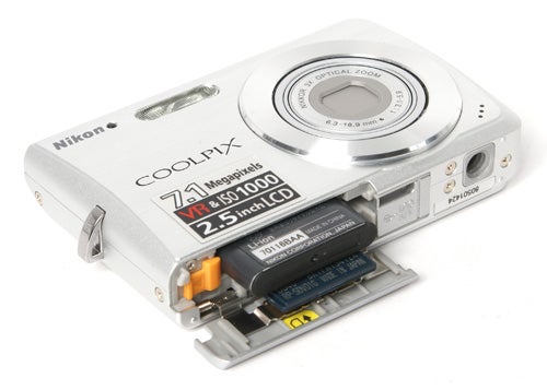 Nikon CoolPix S200 camera with open battery compartment