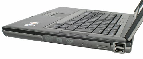 Dell Latitude D531 laptop showing keyboard and side ports.
