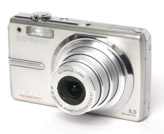 Olympus FE-250 digital camera on a white background.